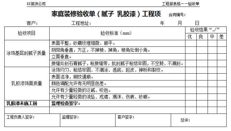 家庭装修验收流程和标准—家庭装修验收单(腻子 乳胶漆)工程项